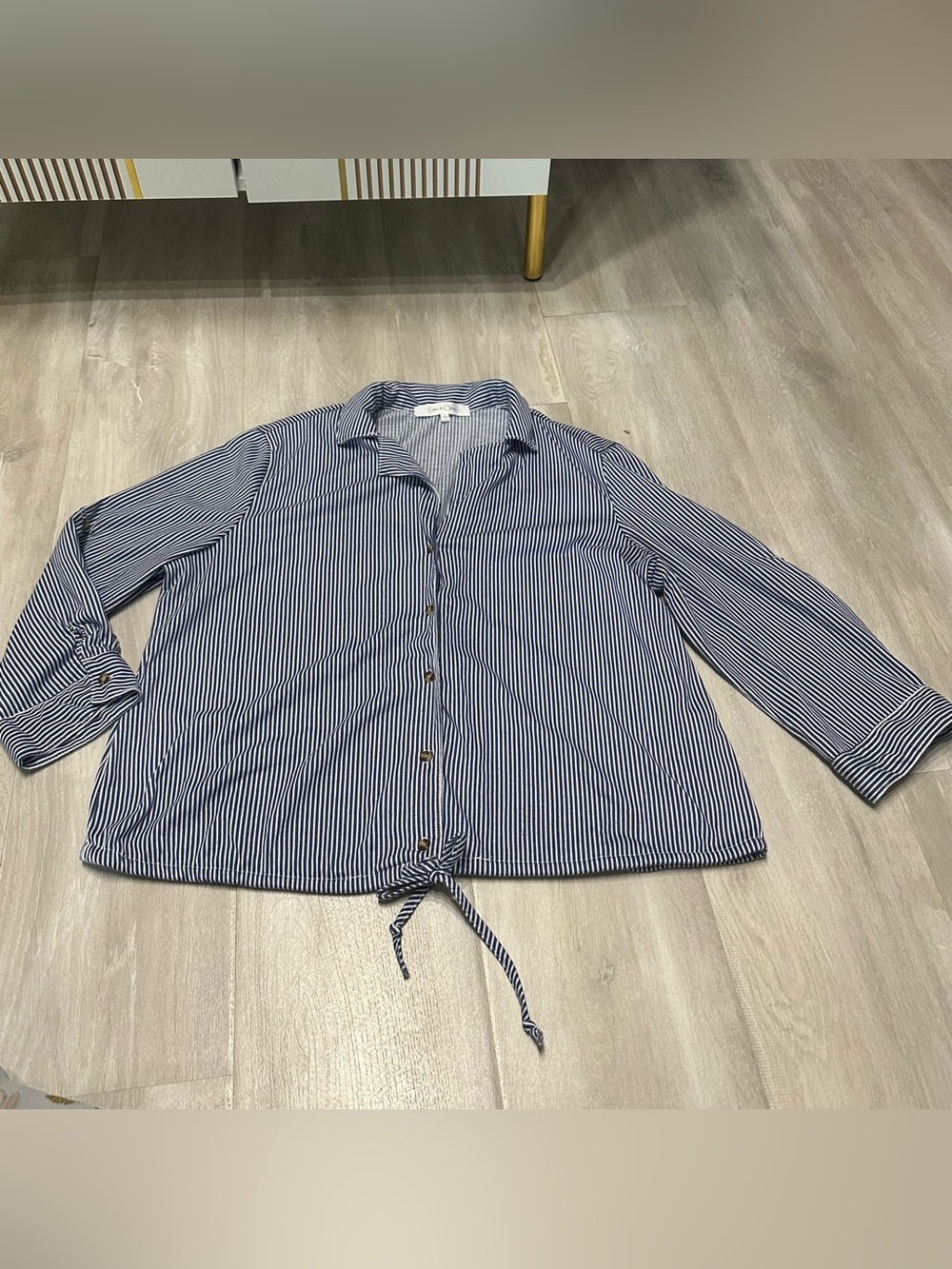 Eden & Olivia Blue White Striped Tie Waist 3/4 Sleeve Top Shirt Sz L